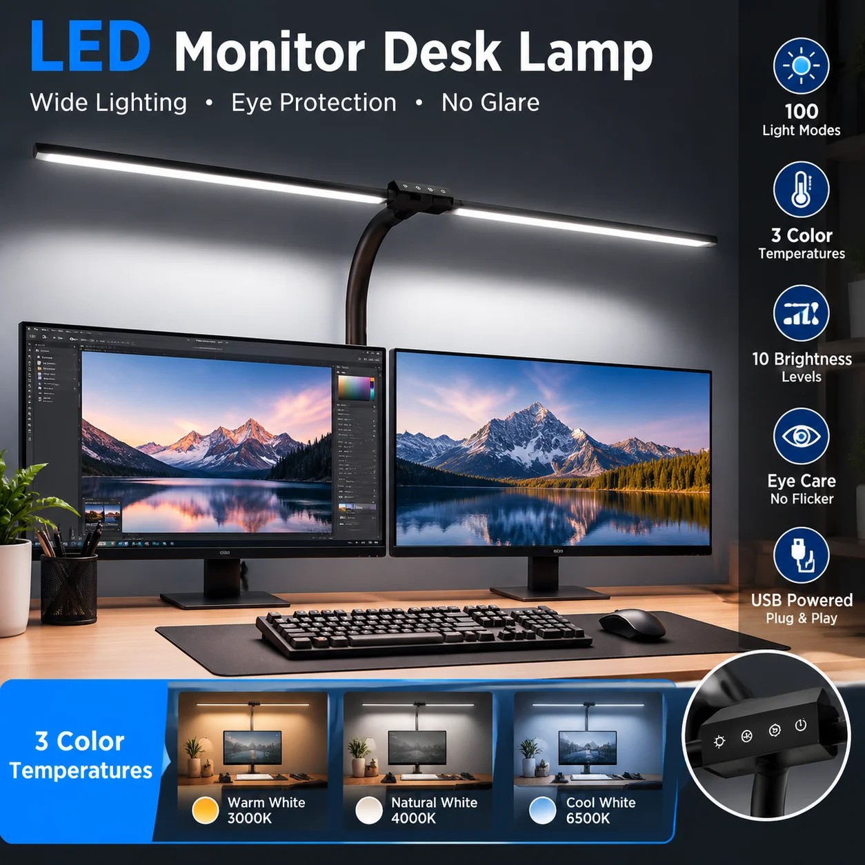 USB LED Clip On Desk Lamp, Flexible Gooseneck Reading Light, Dimmable Clamp Lamp for Study Office Bedroom