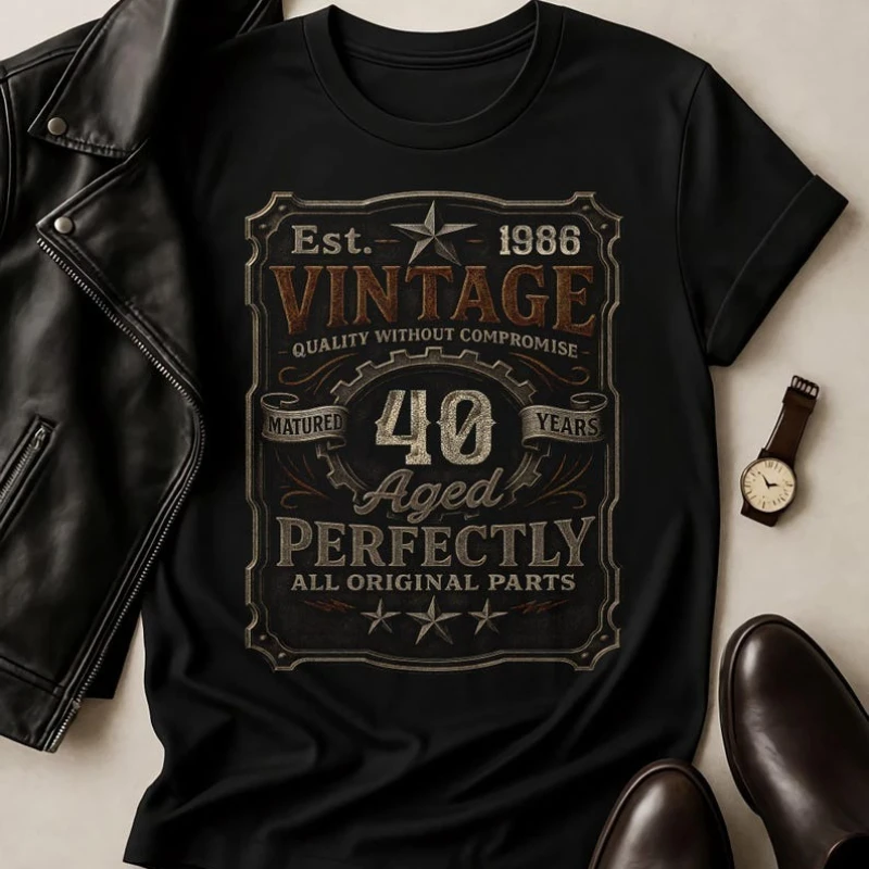 Vintage-40th-Aged-Perfectly-Est-1986-Retro-Birthday-Gift-Unisex-Classic-Milestone-Casual-Tee-for-Him-Her-Printed-T-shirt-Tops