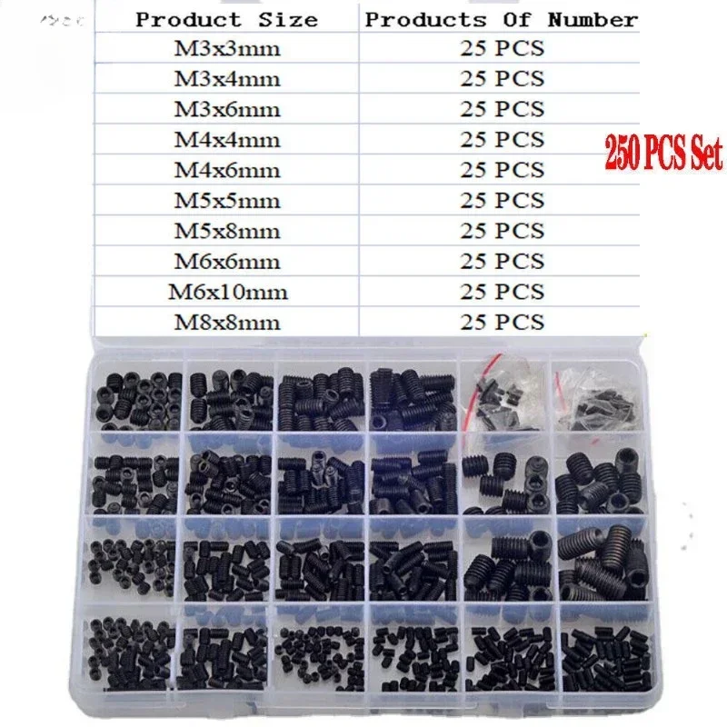 250pcs M3-M8 Grade 12.9 Black Hex Hexagon Socket Allen Cup Point Set Hex Screw Grub Bolt Assortment Kit