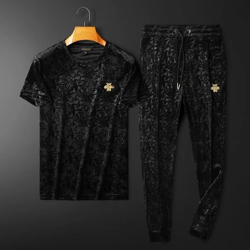 

European Station New Dark Pattern Fashion Brand Casual Large Size Suit Men's Summer Loose Korean Sports Men's Two-Piece Suit