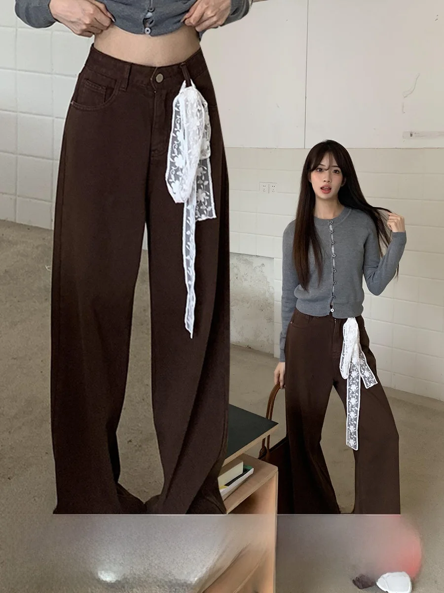 

Прямые джинсы кофейного цвета в стиле ретро с высокой талией, широкие брюки длиной до пола, женские весенние брюки с эффектом похудения, оранжевое дерево