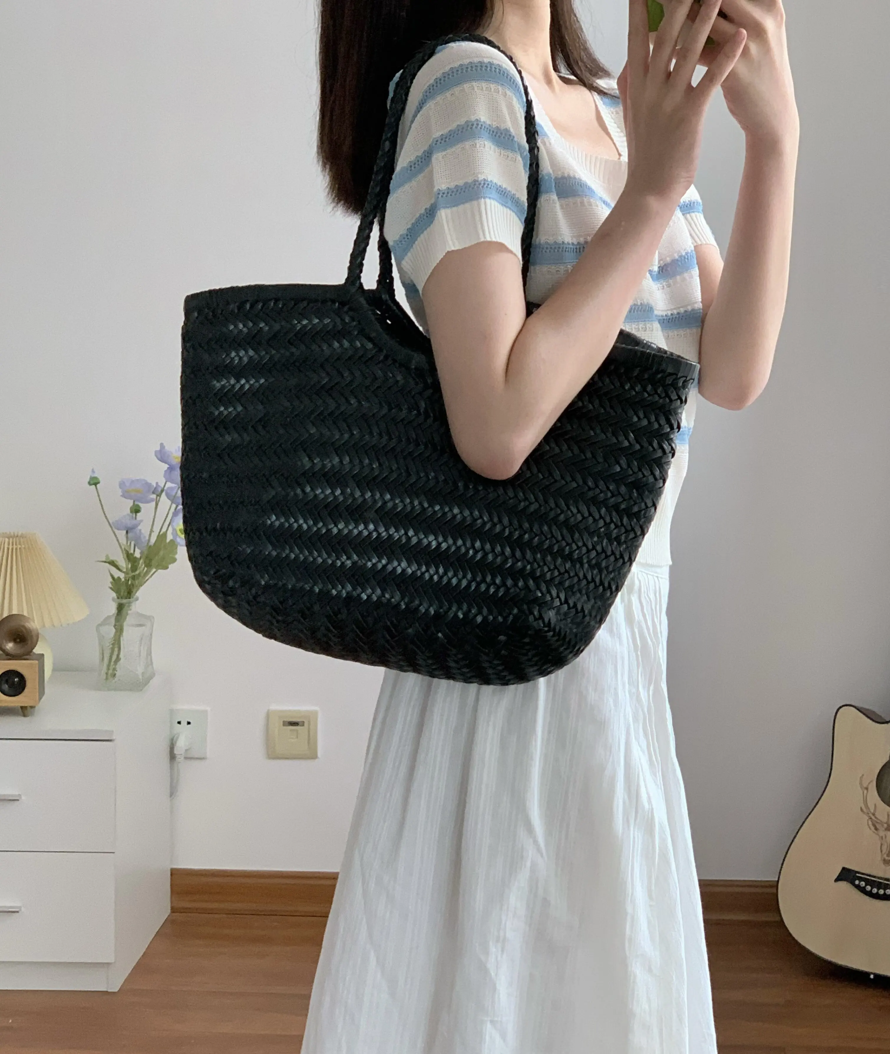 

dragon pure handmade first-layer cowhide woven bag for women summer french niche vegetable basket bag genuine leather shoulder tote bag