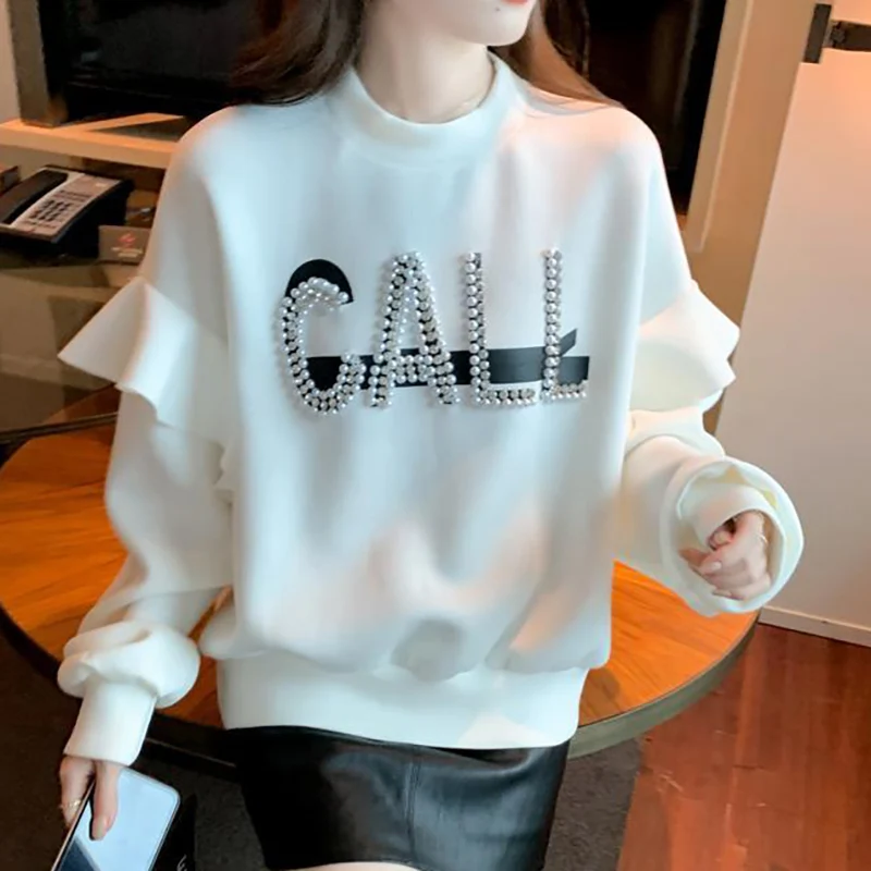 

Fashion O-Neck Letter Beading Butterfly Sleeve Blouses Women's Clothing 2023 Autumn Winter Loose Korean Tops Casual Shirts