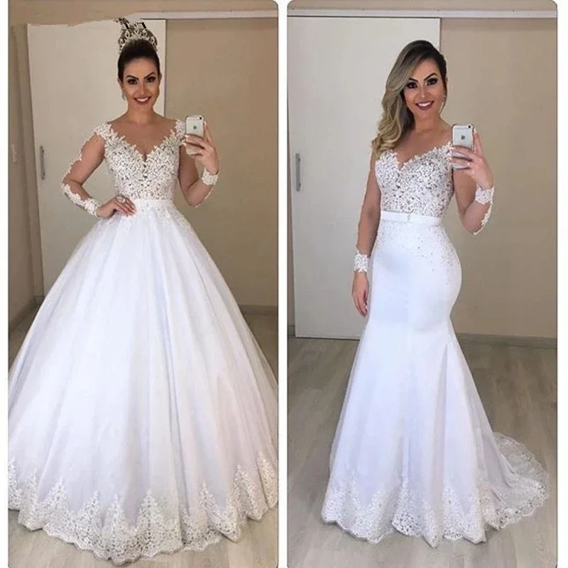 Sheer Neck 2 In 1 Mermaid Wedding Dresses Robe Long Sleeves de mariee Lace Design Formal Bride Dress Hot Sale