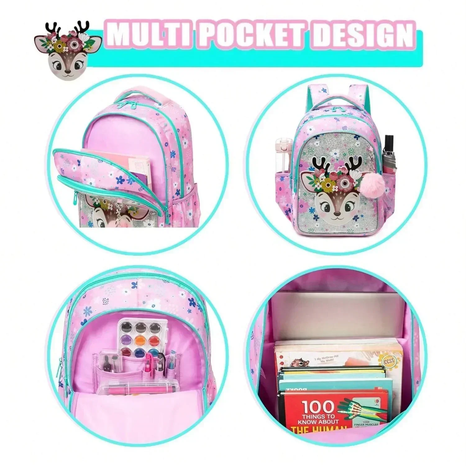 3PCS Cute School Bags for Girls Kids Backpack Set with Lunch Box Pencil Case Back To School Bookbag for Elementary Students