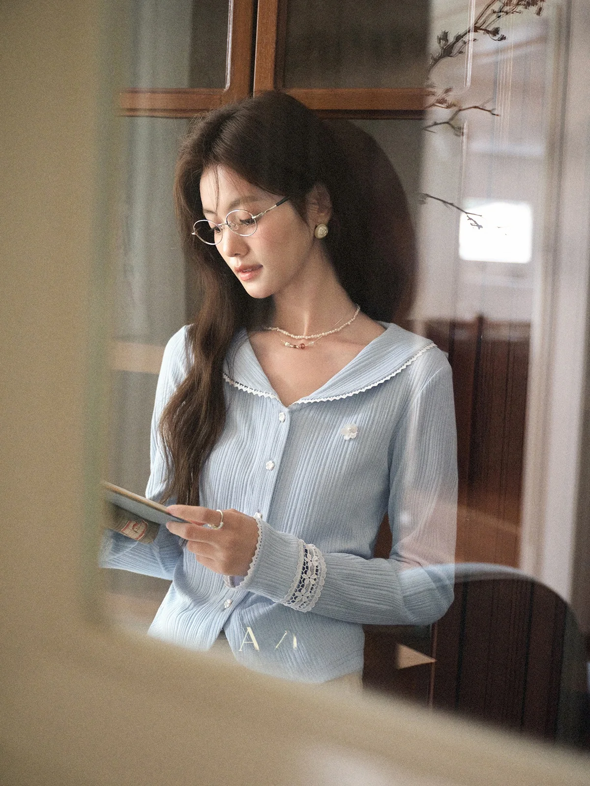 

Blue Long Sve Doll Collar T-irt Women's Autumn Slim Knitted Cardigan Top V-Ne Regular Fit Loose Sle Button Detail