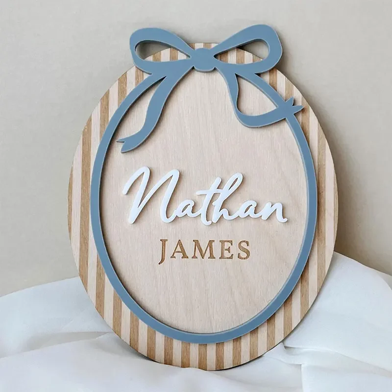 Customized Boy Name Birth Announcement Sign Blue Bow Baby Boy Name Plaque Baby Shower Christening Gift