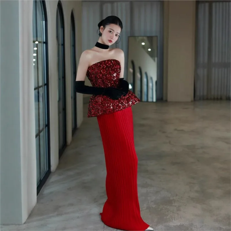 Toasting morning gown pleated skirt wine red strapless performance dress