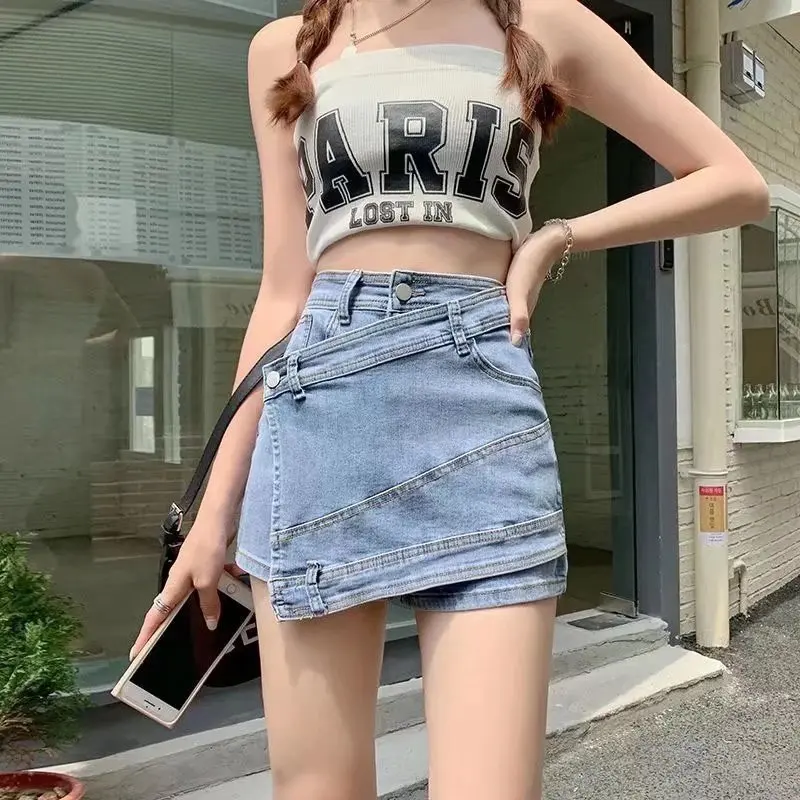 

High Waist A-Line Denim orts Irregular Street Sle Women's Skirt Polyester Fabric Summer Collection Faionable orts