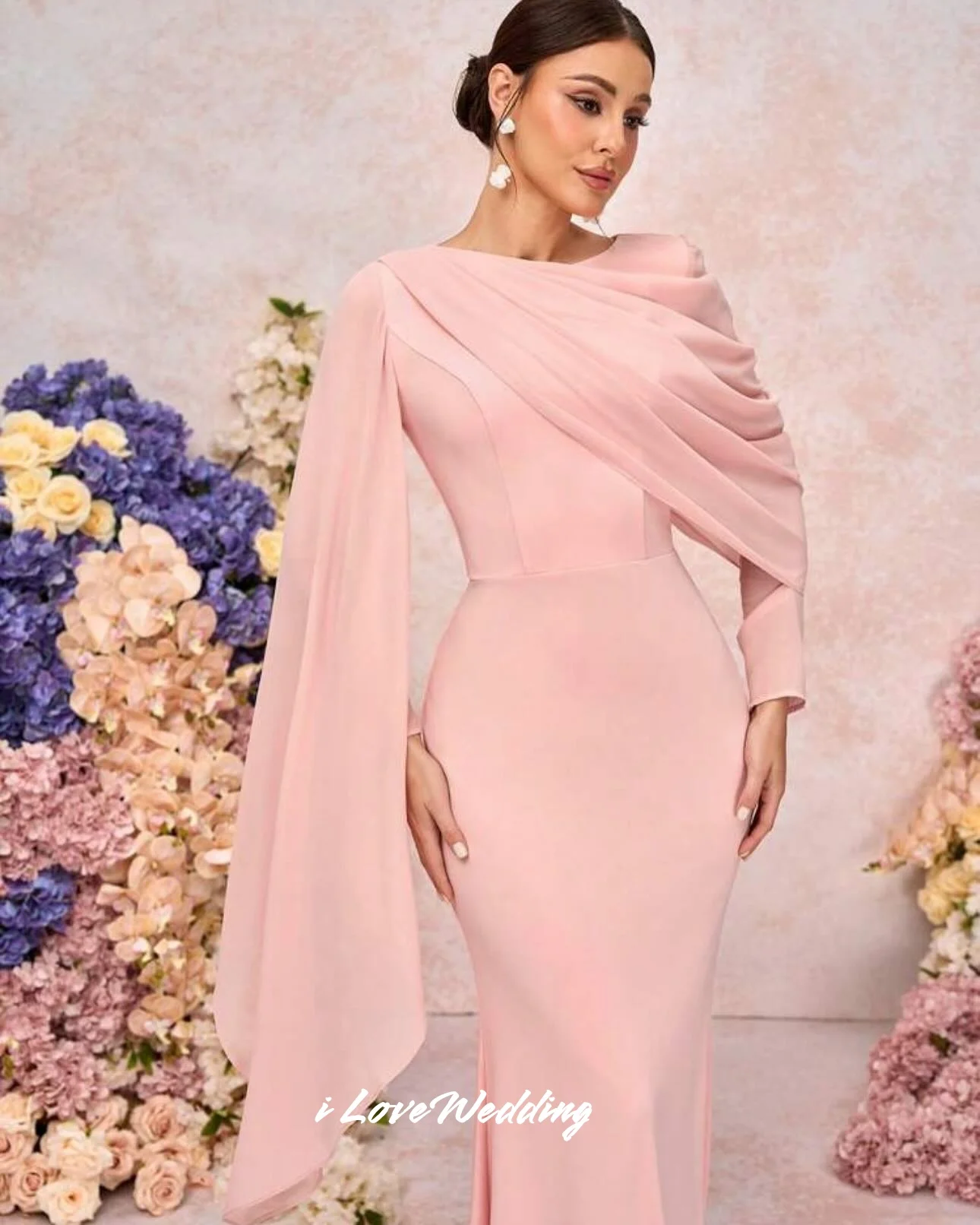 Abiti da sera rosa con o-collo 2025 Scialle in raso a maniche lunghe Sirena pieghettata Abiti da festa di nozze semplici alla caviglia personalizzati