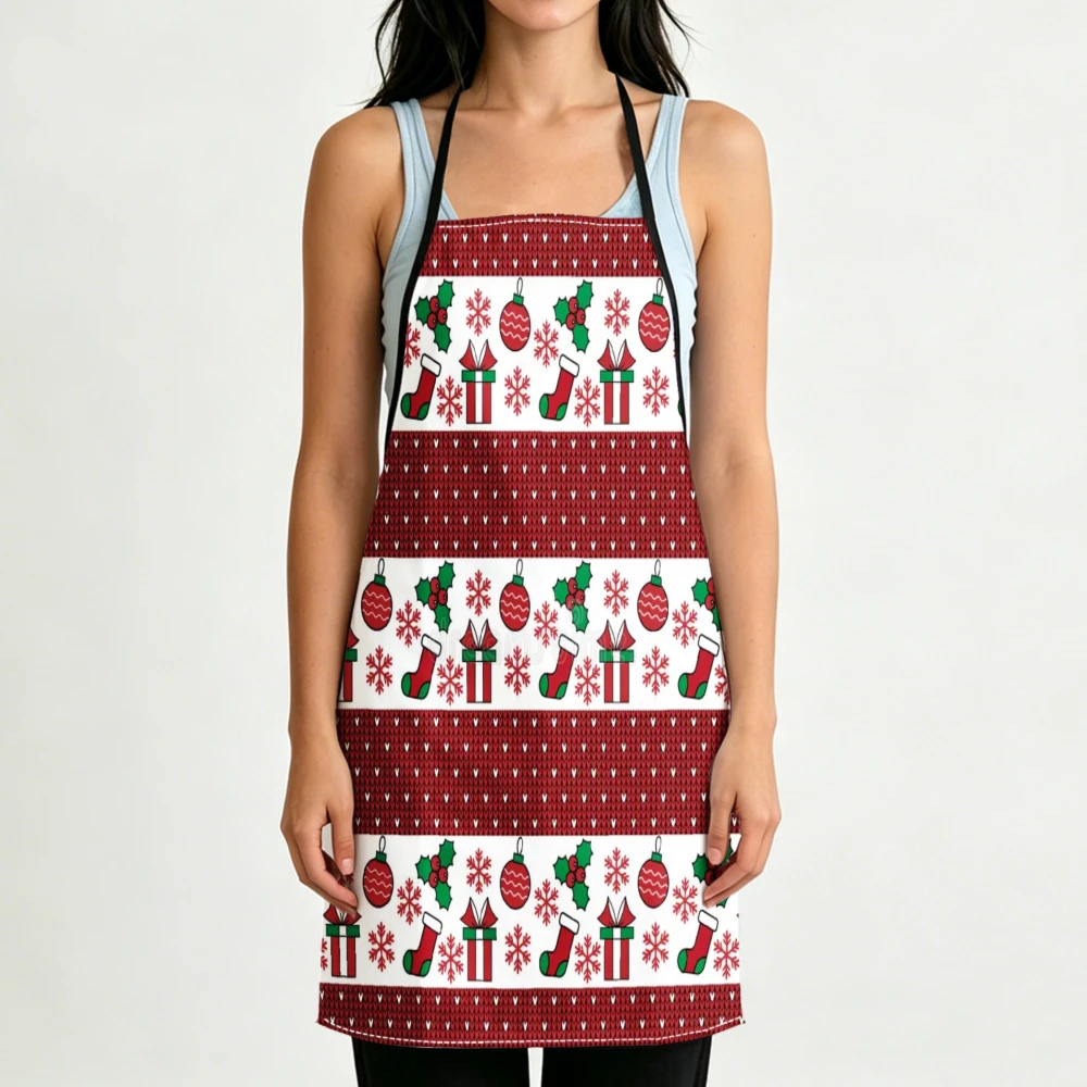 Festive Christmas Style Apron Red White Holiday Ornament Stocking Print Kitchen Aprons Cooking Baking Party Wear Adjustable Bibs