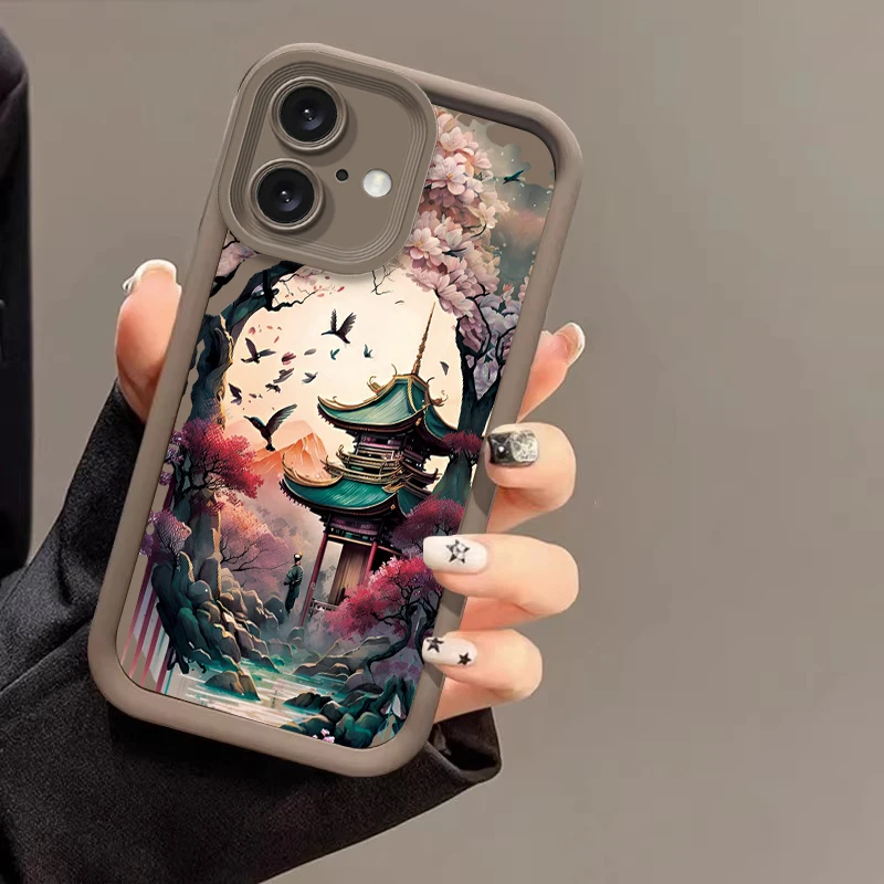 Cartoon scenery For IPhone 16 11 13 14 12 Pro Max 15 Plus SE 2020 X XR XS Max 8 7 Plus Mini black Soft Silicone Phone Case