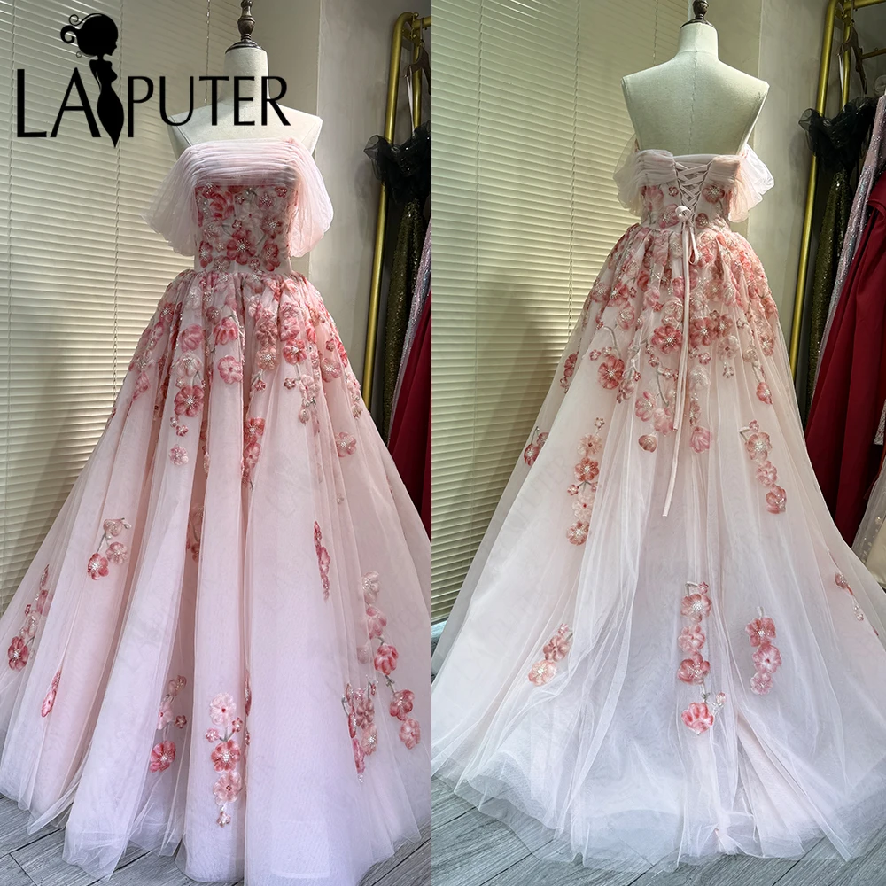 

Off Shoulder Floral Pink Lace Prom Dress Ruched Neck Side Sleeves A line Girl Evening Dress Beaded Flower Formal Dress for Woman