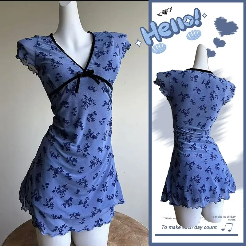 Women's Two-Piece Swimsuit Skirt Style Conservative Design High-End Feelings Vintage Blue Slimming Effect Beach Vacation Suit