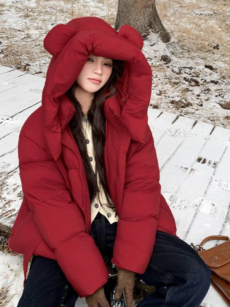 

Christmas Red Bow Sweet Parkas Women Loose Vintage Winter Warm Cute Puffy Coats Korean Casual Long Sleeve Lady Hooded Jacket New