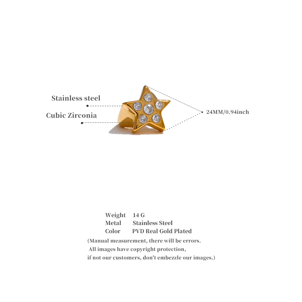 Yhpup Thicker Metal Pentagram Star Cubic Zirconia Ring 18K Gold Color Plated Fashion Statement Jewelry