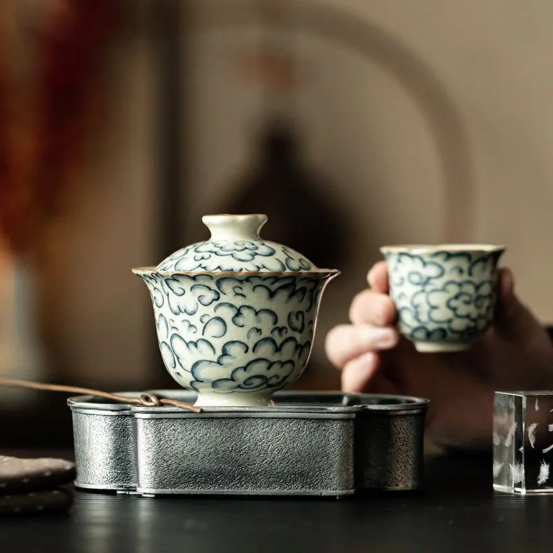 Xiangyun Ruyao floral edge double talent cover bowl tea drinking bowl single tea cup not hot hand teacup antique ceramic Gongfu