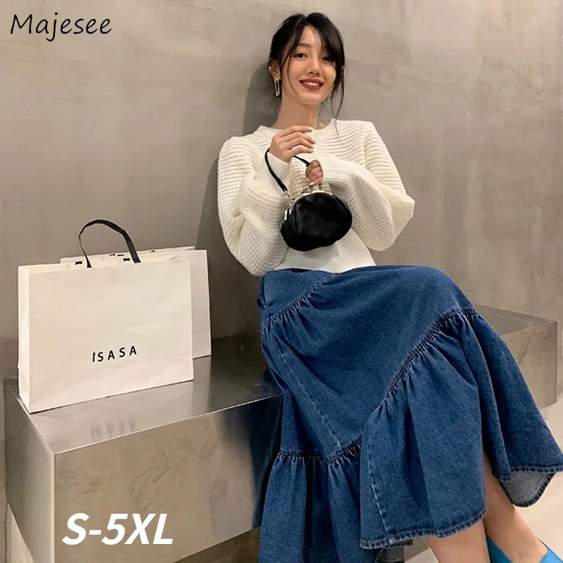 Skirts Women Baggy High Waist Solid Popular A-Line Leisure Denim Birthday Party Mujer All-match Streetwear Students Midi Faldas