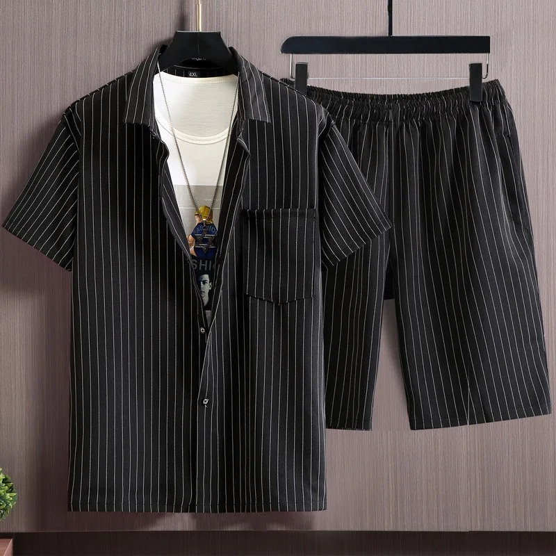 Summer plus size men's vertical striped shirt pants loose extra large business shirt men clothing set 9xl 11XL 10XL men clothing