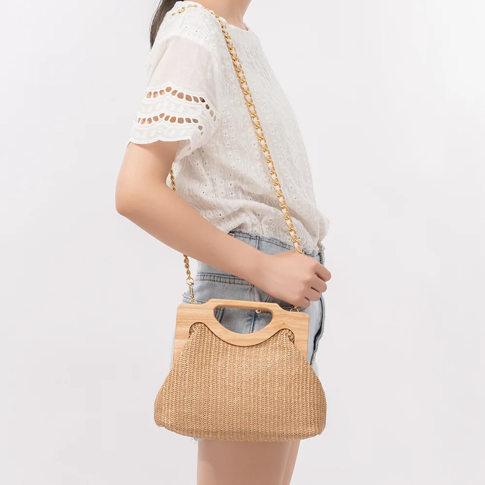 

Женская сумка через плечо из плетеной соломы с деревянной ручкой, пляжная сумка для отдыха, пляжная сумка через плечо, модная и красивая