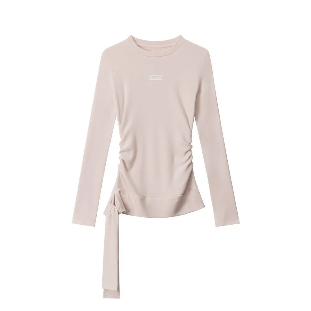

Design Sash Lace Folds Crew Neck Slim Fit Office Winter Fall Bodywear T-shirts Fitness Long Sleeve Elegant Tops for Women Girls