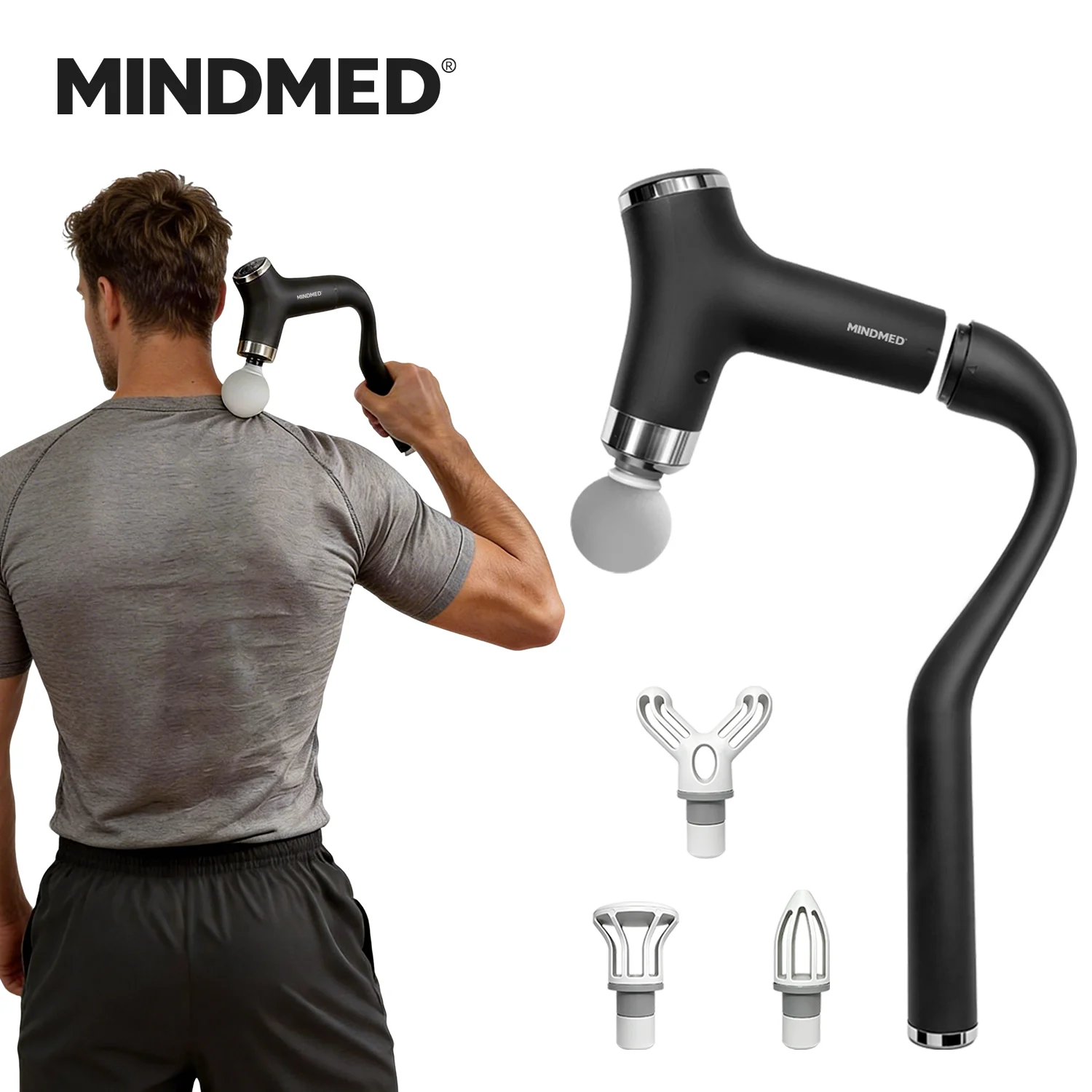 

Массажный пистолет MINDMED с длинной съемной ручкой для глубокого массажа мышц спины, шеи, плеч и тела, 12 скоростей и 4 насадки