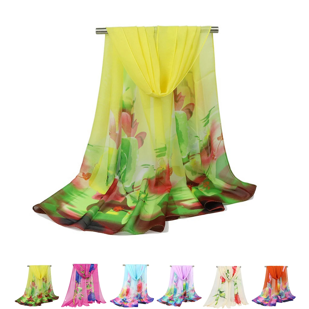 Women Flower Printed Scarf Chiffon Sun Protection Shawls Ladies Wraps Scarves Gauze Kerchief