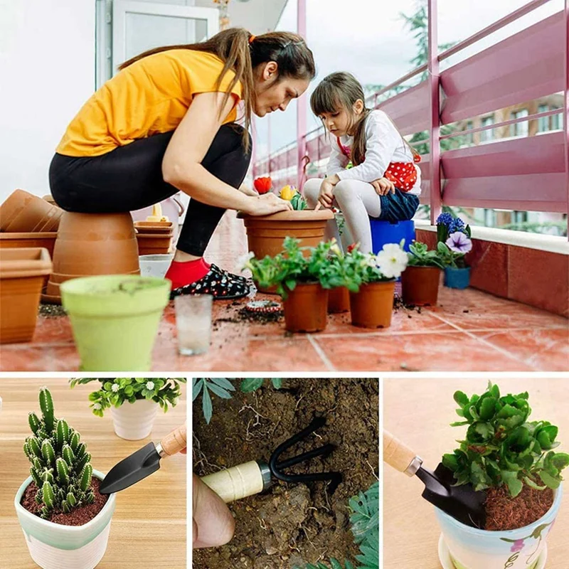 Набор из 6 Мини садовых инструментов, ручные инструменты для посадки, лопатка, грабли, лопатка, деревянная ручка, инструменты для посадки