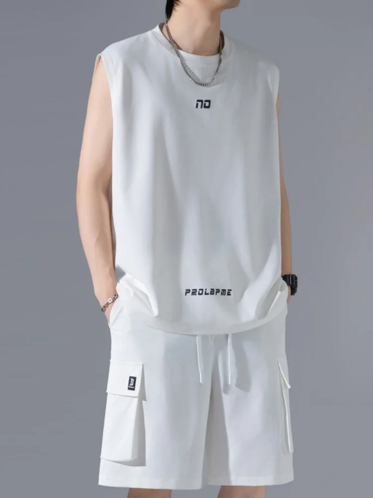 

Ice Silk Vest Set Men's Summer Thin Breathable American Casual Sports Baskeall orm Svel T-irt round Ne Vest Set