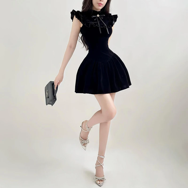 IAMHOTTY Elegant Flying Sleeve A-line Velvet Dress Black Sweet Japanese Style Sleeveless Princess Mini Dresses for Party Holiday