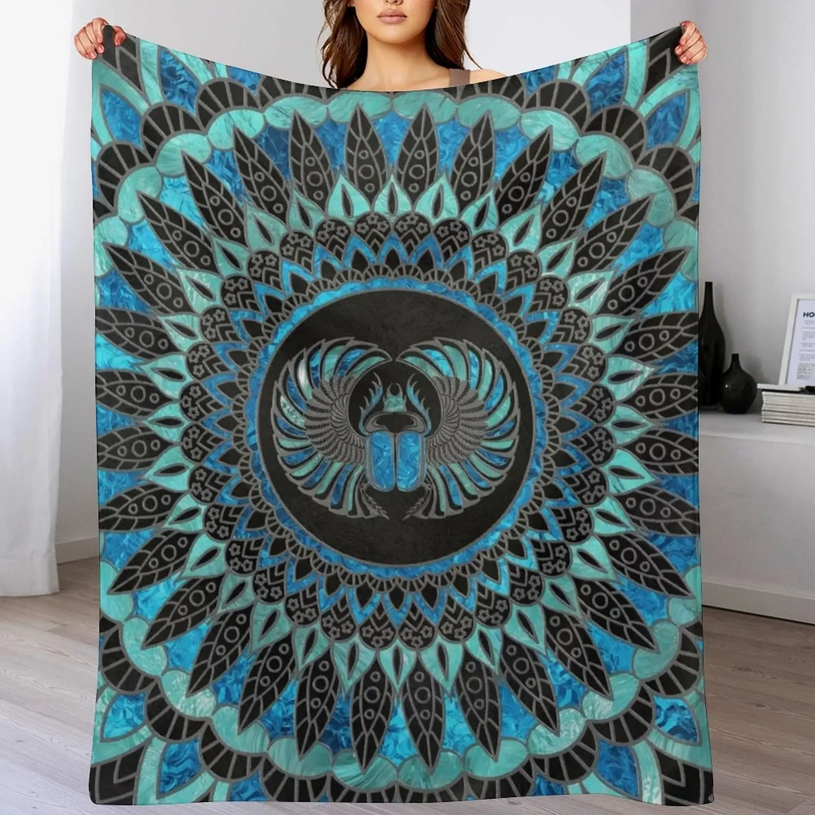 

Egyptian Scarab Beetle - Gold and Blue glass Throw Blanket Travel Size Cozy Blanket for Plane Train