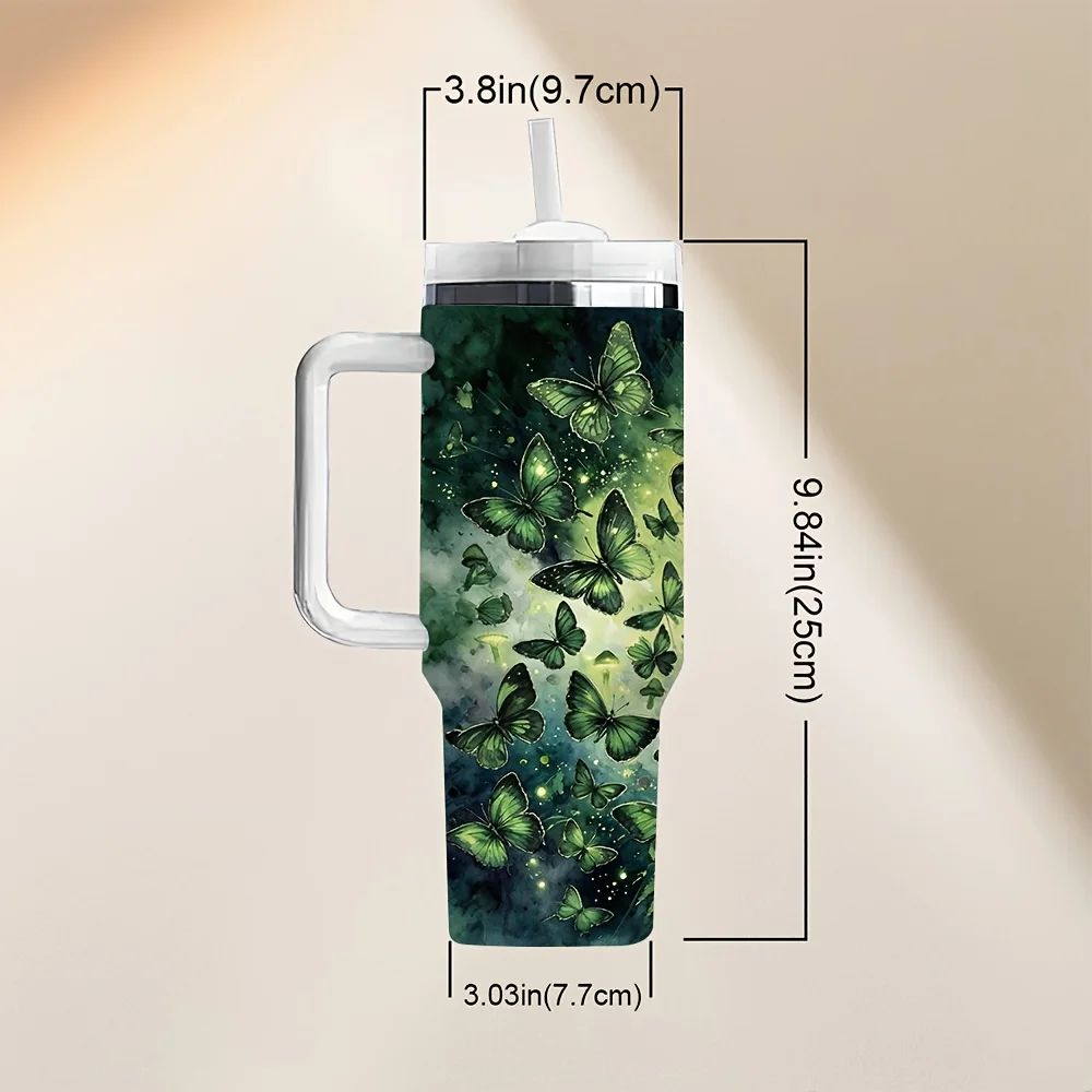 Green for butterfly Print 40Oz Tumbler with Handle, Featuring Long-Lasting Heat Insulation, It Is an Ideal Holiday Birthday Gift for Butterfly Lovers, Suitable for Daily Use, Outdoor Travel, And Office Scenarios