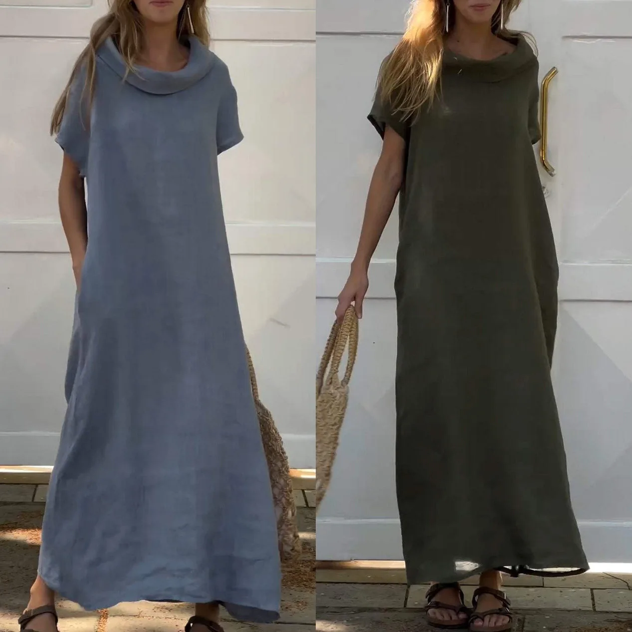 Retro Women Loose Maxi Dress Summer Piles Of Collars Short Sleeve Solid Sand Party Dresses Casual Holiday Streetwear Vestidos