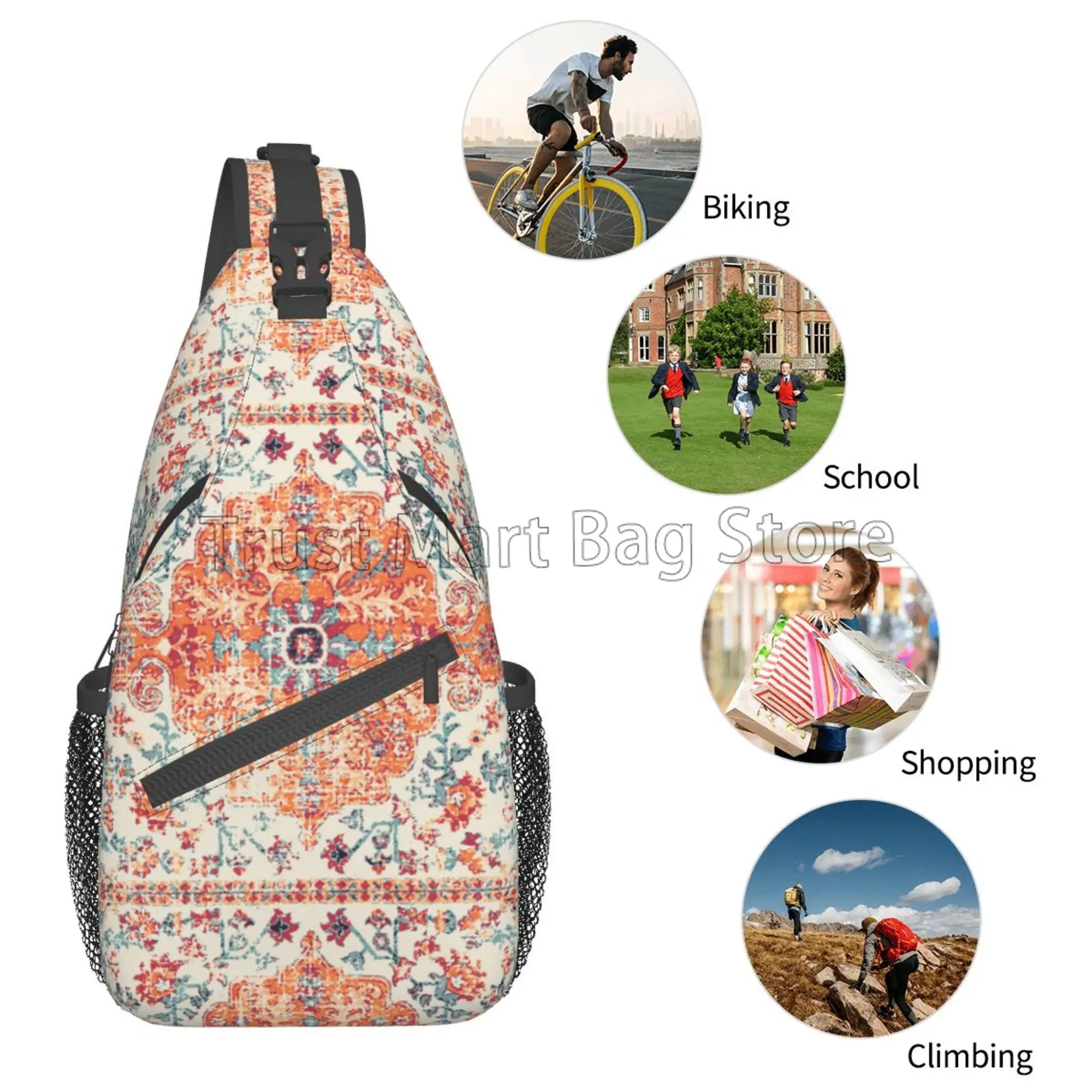 Terracota Asteca Padrão Crossbody Sling Mochila, Boho Travel Bag, Caminhadas Daypack, Unisex Casual Peito Ombro Daypack