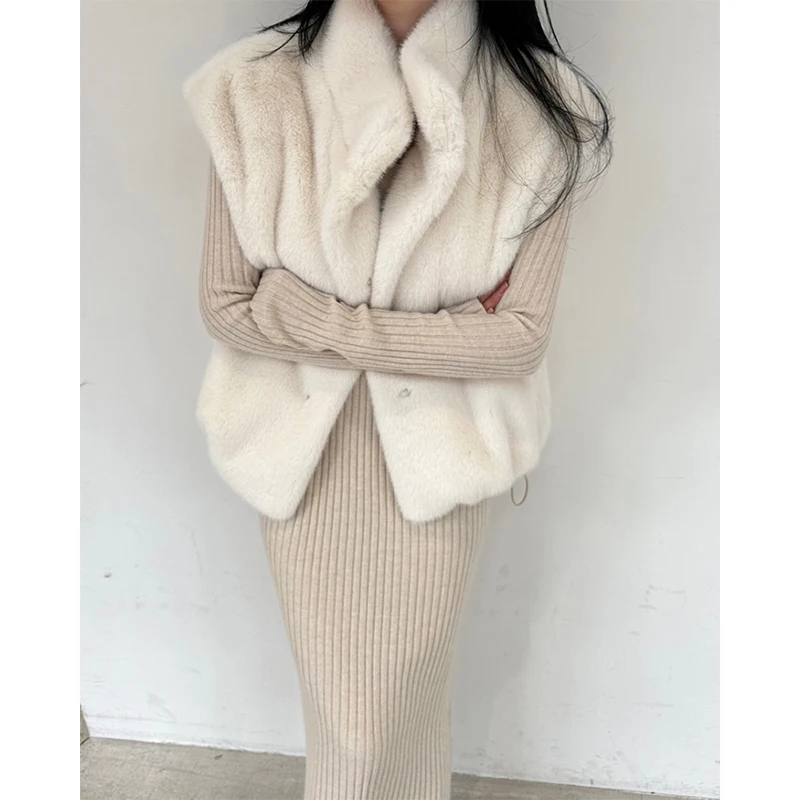 MEXZT Elegant Faux Fur Vest Women Fashion Luxury Fluffy Jacket Korean White Furry Coat Waistcoat Winter Sleeveless Outerwear New