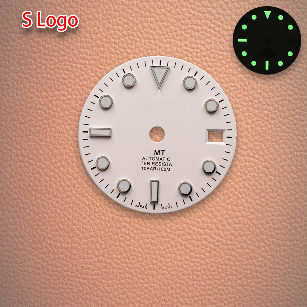 S Logo 28.5mm White GMT dial with red font dial Suitable For NH34 Movement Ice Blue Luminous Watch Modification Accessories