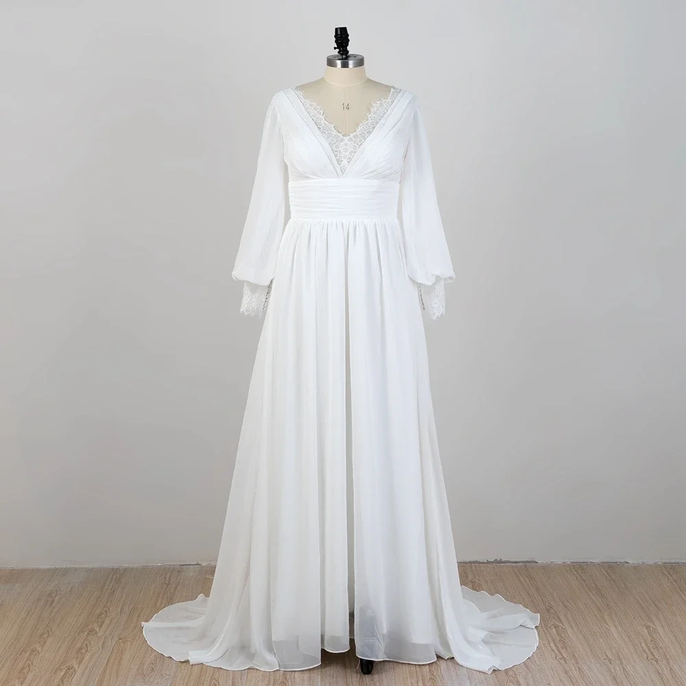 Customized V-Neck Full Sleeves Wedding Dress A Line Chiffon Bridal Gowns 2026 New Summer Lace White Women Dress Robe De Mariée