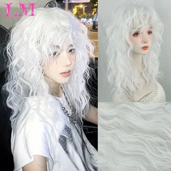 LM Long Water Wave Wig with Bangs White Colorful Cosplay Wig for Women Daily Party Naturalne miękkie włosy syntetyczne Odporne na ciepło