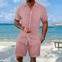 2-Piece Summer Suit for Men, Comfortable Pleated Striped Short Sleeved Shirt and Shorts, Polyester Casual Set with Lapel