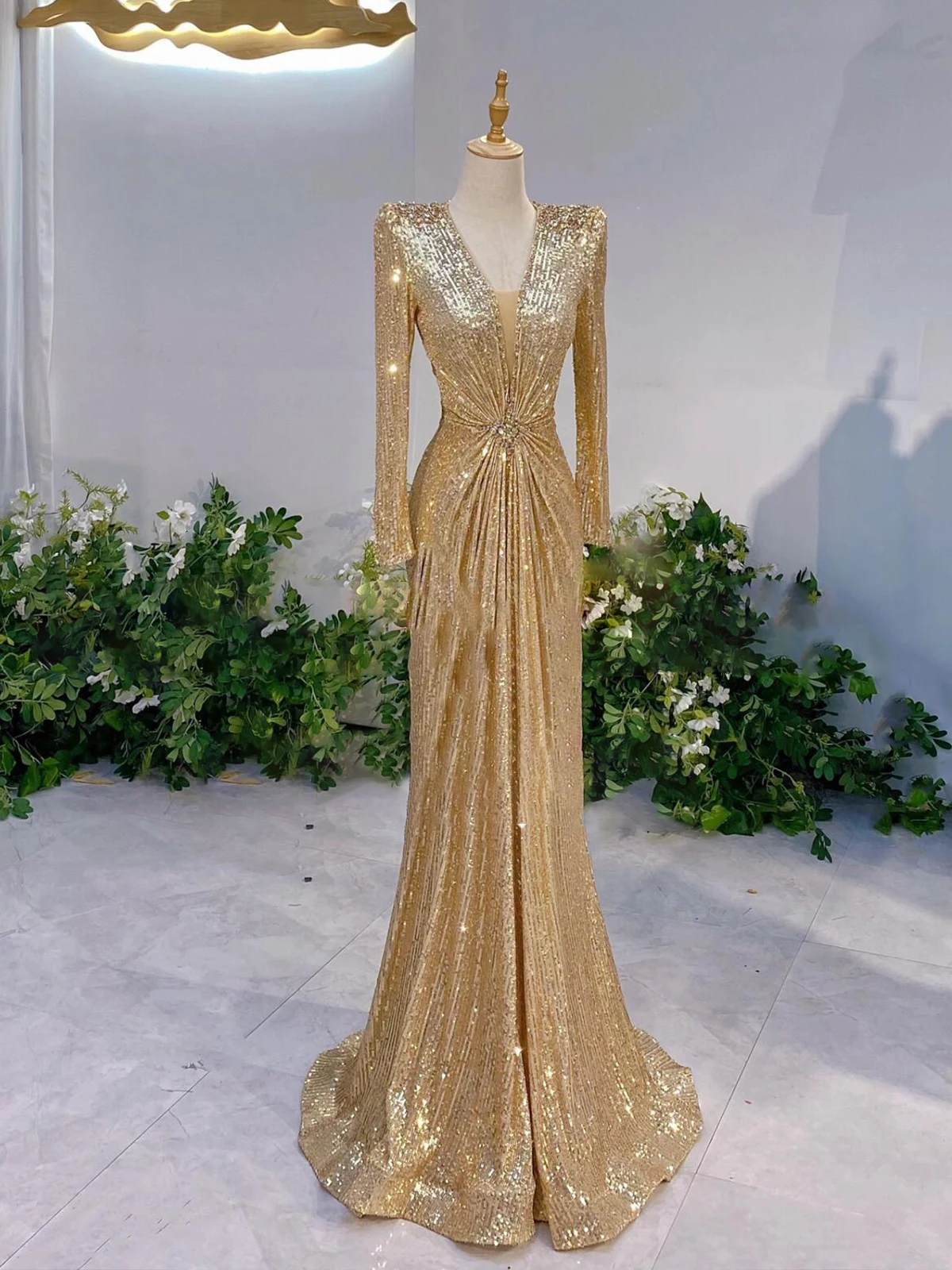 

Ele Long Sve Evening Gown for Host Performances Wedding Parties Banquets Korean Sle mid Waist Floor Length Dr