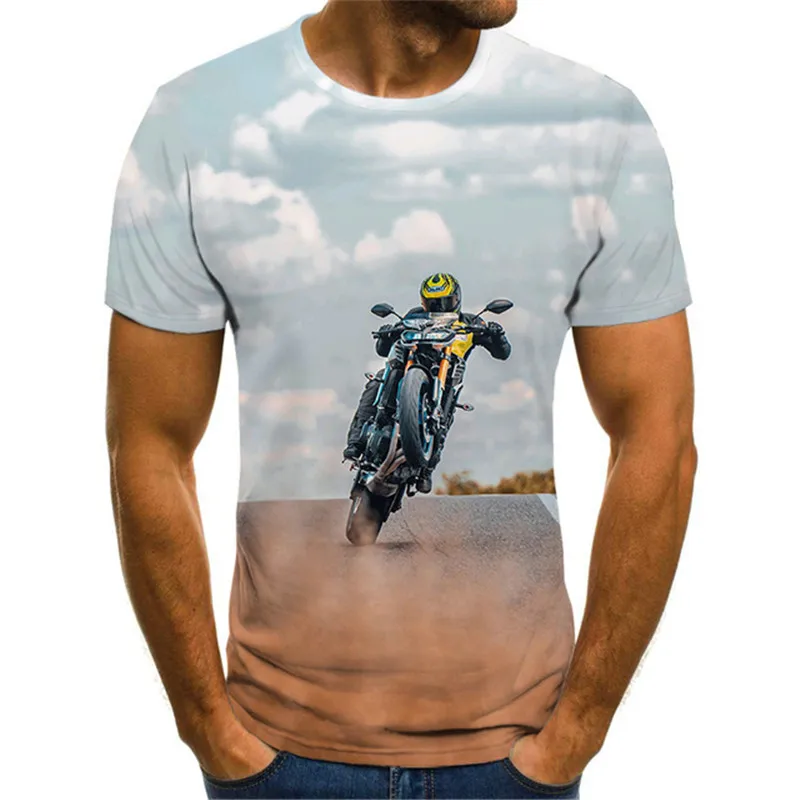 Moto & Biker Men T-Shirts 3D Locomotive Street Hip Hop Oversized T Shirt Short Sleeve Round-Neck Motorcycle Pattern Tee Big Size