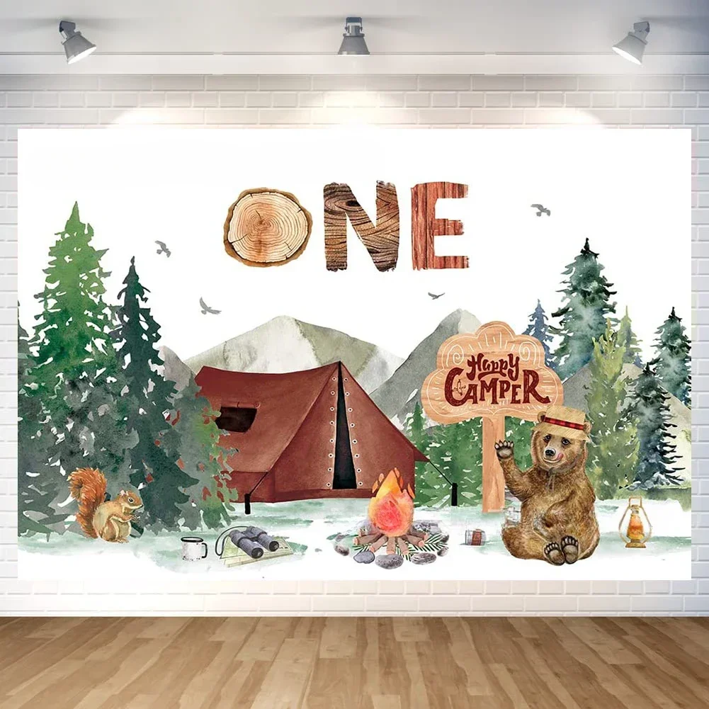 

One Happy Camper Backdrop, Camping 1st Birthday Party Decoration for Kids, 1 Year Old, Camping Theme Photo Background Decor