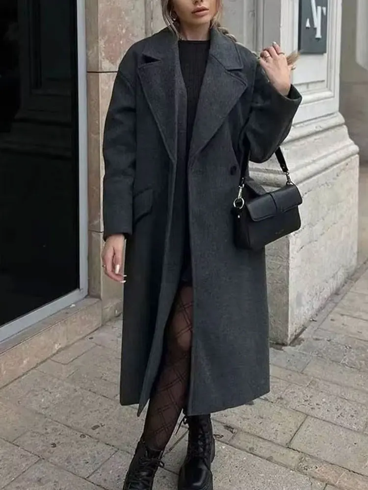 

HH 2024 Women's Autumn And Winter Elegant Windbreaker Long Sleeves Lapel Solid Double Breasted With Pockets Casual Coats