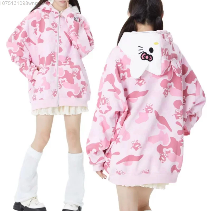 American Trendy Hello Kitty Camo Star Print Hooded Embroidered Hoodie for Women Loose Fitting Casual Zippered Coat Clothes