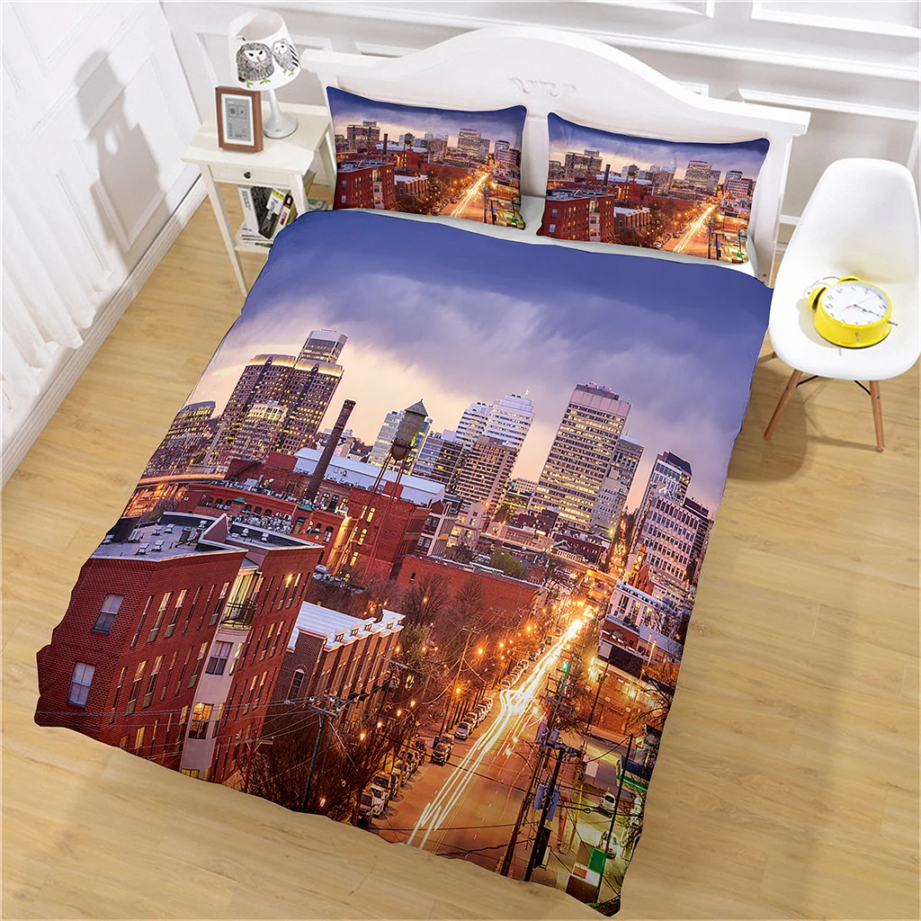 HUANZHUANG Duvet Cover Twin 3D Twilight City Landscape Soft Twin Size 2 Pillowcases 3 Piece Comforter Cover with Zipper Closure