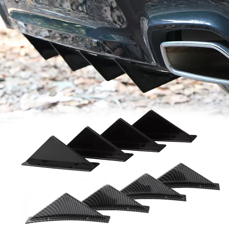 4pcs Car Shark Fin Universal Triangular Rear Bumper Diffuser Spoiler Protector Carbon Fiber Chassis Lip Decoration