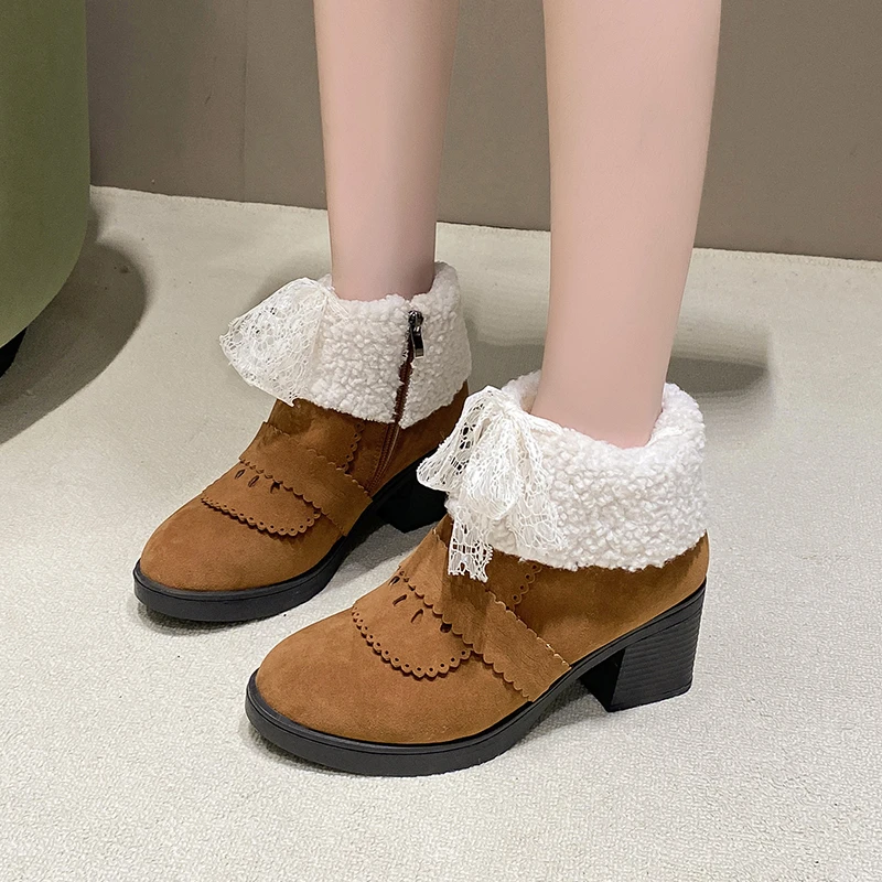 Woman High Heels Ankle Boots Winter New Plush Turning Edge Designer 2025 Trend Woman Shoes Suede Comfort Boots Zapatos Mujeres