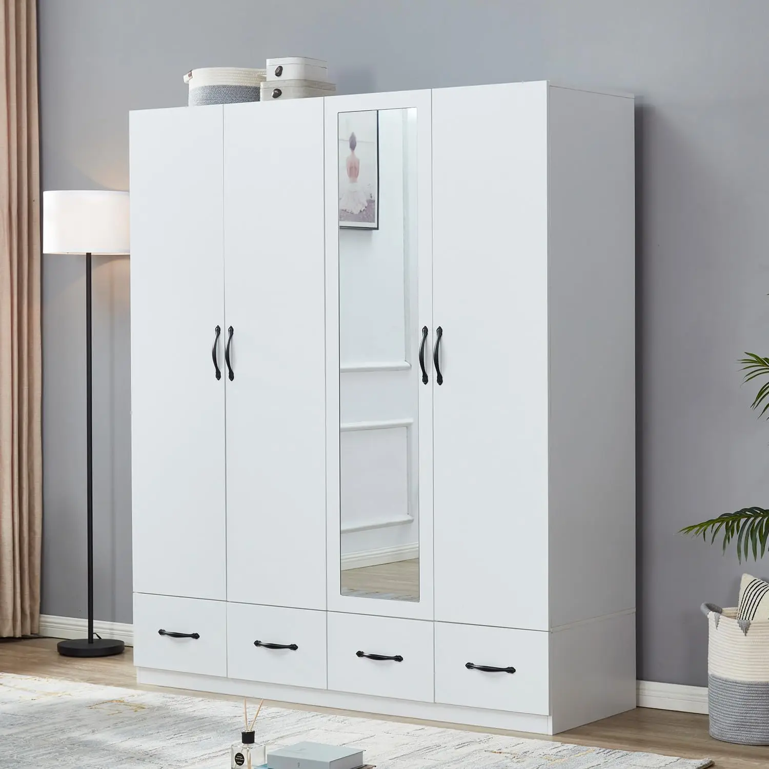 Mirror White Four Doors Freestanding Armoires Wardrobe Cabinet Closet with Hanging Rods Wood Wardrobe Clothes Storage Shelf