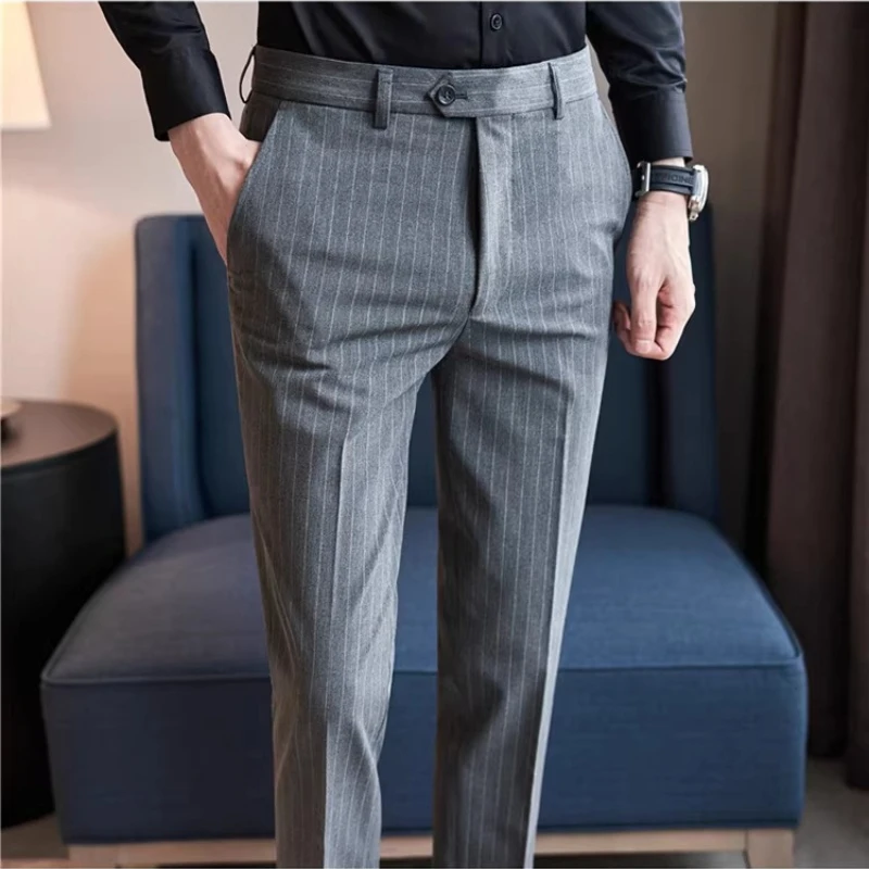 

Мужские облегающие классические брюки в тонкую полоску, эластичная удобная и утолщенная ткань для деловой повседневной офисной одежды