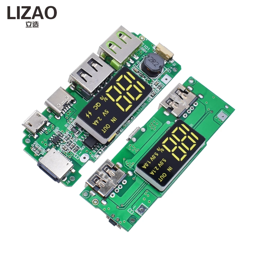 18650 Lithium Battery Charging Module, Digital Display Power Bank Board with Dual USB Output, 5V 2.1A/1A Mobile Power Supply